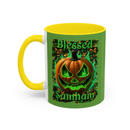 Blessed Samhain Green Jack Green Accent Mug by CreepyCrafts.boo