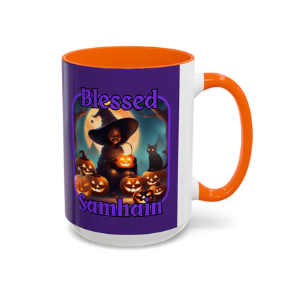 Blessed Samhain Cute Witch Purple font Purple Accent Mug by CreepyCrafts.boo