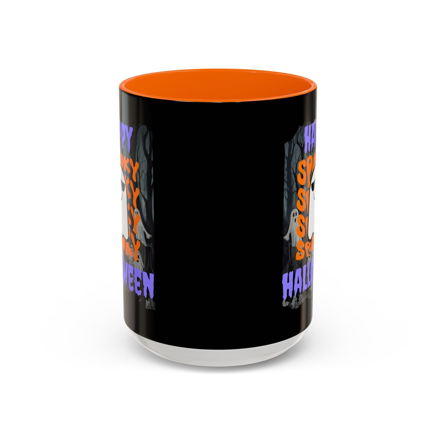Spooky Happy Halloween Ghost Purple font Black Accent Mug by CreepyCrafts.boo