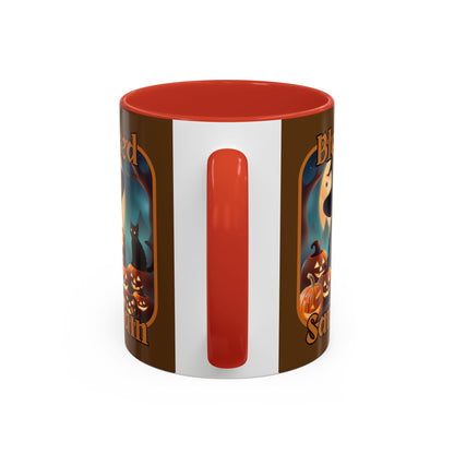 Blessed Samhain Cute Witch Orange font Brown Accent Mug by CreepyCrafts.boo