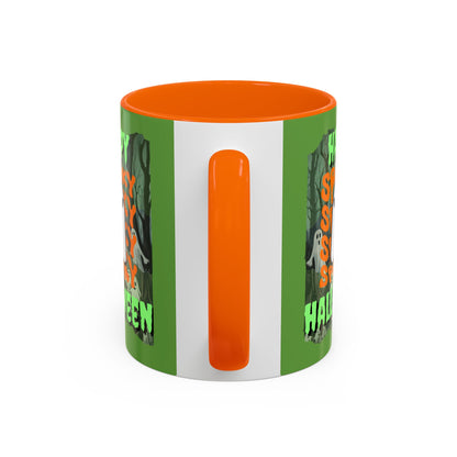 Spooky Happy Halloween Ghost Green font Green Accent Mug by CreepyCrafts.boo