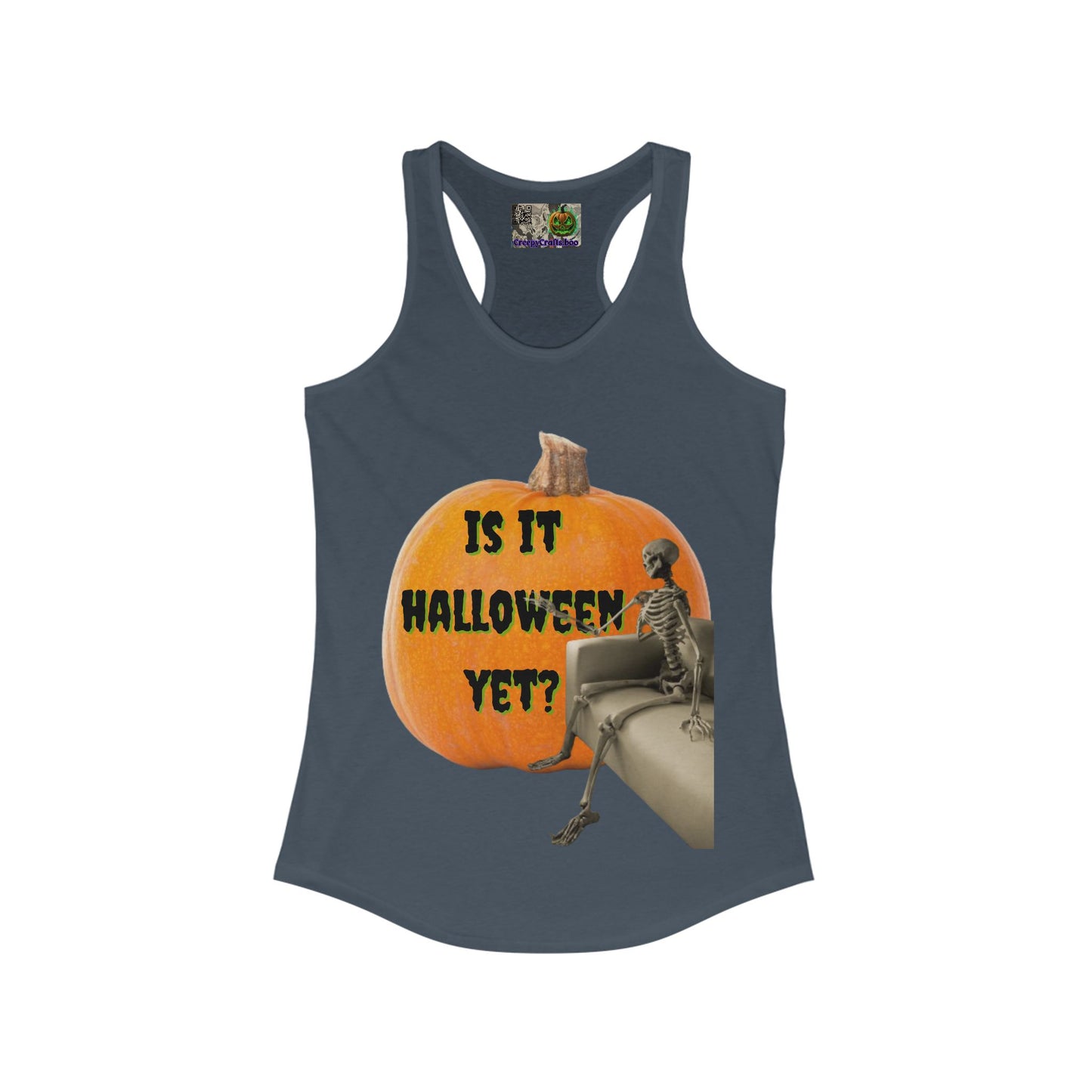 Is it Halloween yet? Skeleton's Giant Pumpkin Women's Racerback Tank Top by CreepyCrafts.boo