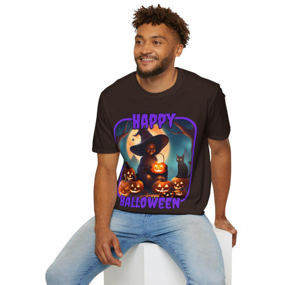 Happy Halloween Cute Witch Purple font Dark colors Unisex T-Shirt by CreepyCrafts.boo