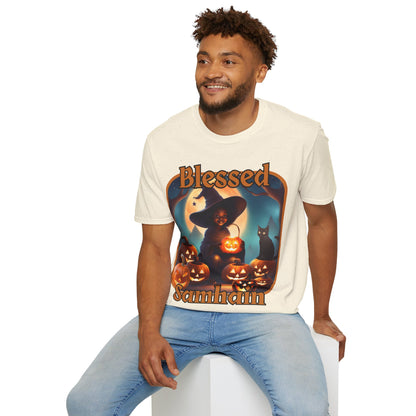 Blessed Samhain Cute Witch Orange font Light colors Unisex T-Shirt by CreepyCrafts.boo