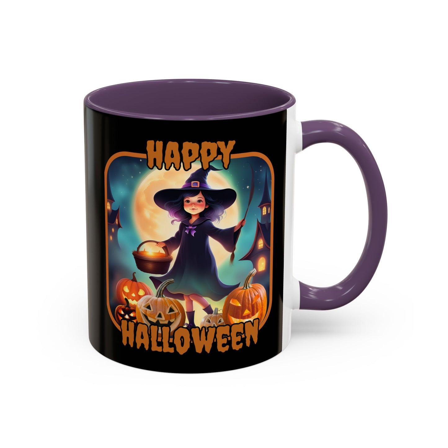 Happy Halloween Little Witch Orange font Black Accent Mug by CreepyCrafts.boo