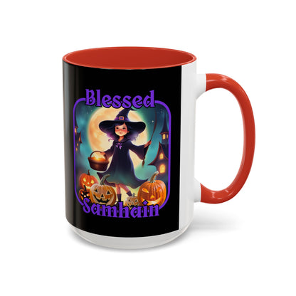 Blessed Samhain Little Witch Purple font Black Accent Mug by CreepyCrafts.boo