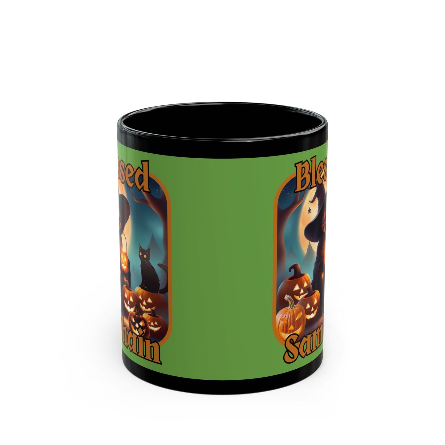 Blessed Samhain Cute Witch Orange font Green Mug by CreepyCrafts.boo