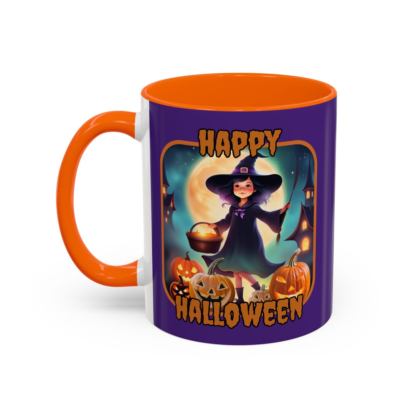 Happy Halloween Little Witch Orange font Purple Accent Mug by CreepyCrafts.boo