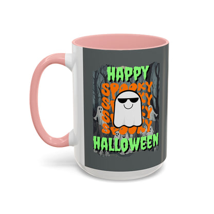 Spooky Happy Halloween Ghost Green font Grey Accent Mug by CreepyCrafts.boo
