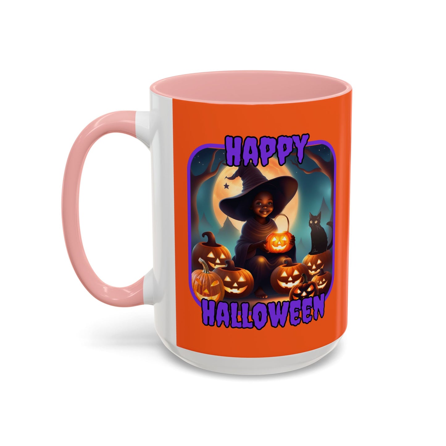 Happy Halloween Cute Witch Purple font Orange Accent Mug by CreepyCrafts.boo