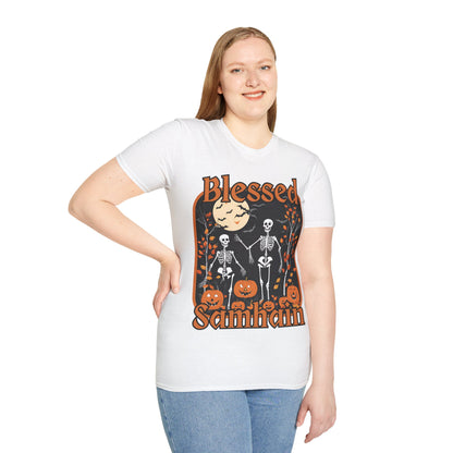 Spooktacular Skeletons of Samhain Light colors Unisex T-Shirt by CreepyCrafts.boo
