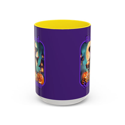 Blessed Samhain Little Witch Purple font Purple Accent Mug by CreepyCrafts.boo