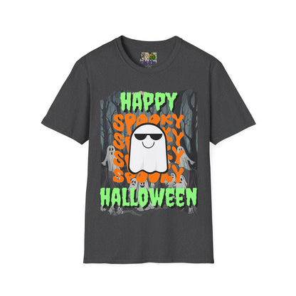 Spooky Happy Halloween Ghost Dark colors Green font Unisex T-Shirt by CreepyCrafts.boo
