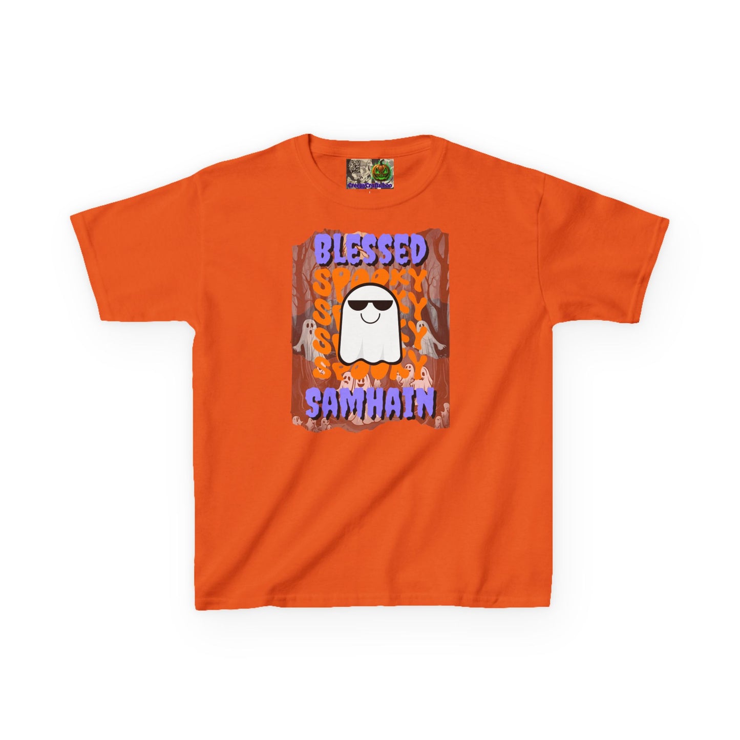 Spooky Blessed Samhain Ghost Purple font Kids Heavy Cotton™ Tee by CreepyCrafts.boo
