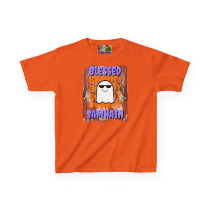 Spooky Blessed Samhain Ghost Purple font Kids Heavy Cotton™ Tee by CreepyCrafts.boo