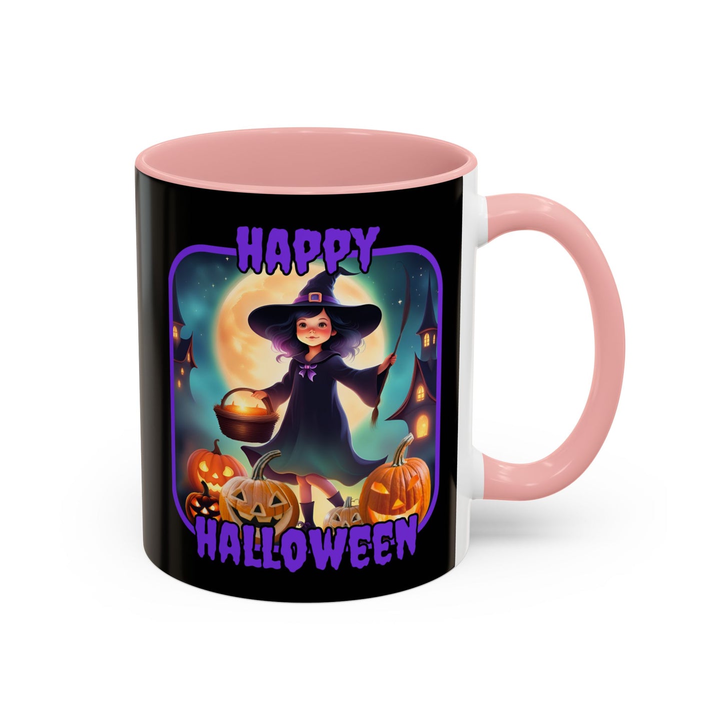 Happy Halloween Little Witch Purple font Black Accent Mug by CreepyCrafts.boo