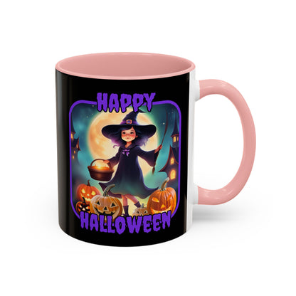 Happy Halloween Little Witch Purple font Black Accent Mug by CreepyCrafts.boo