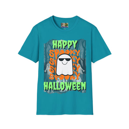 Spooky Happy Halloween Ghost Dark colors Green font Unisex T-Shirt by CreepyCrafts.boo
