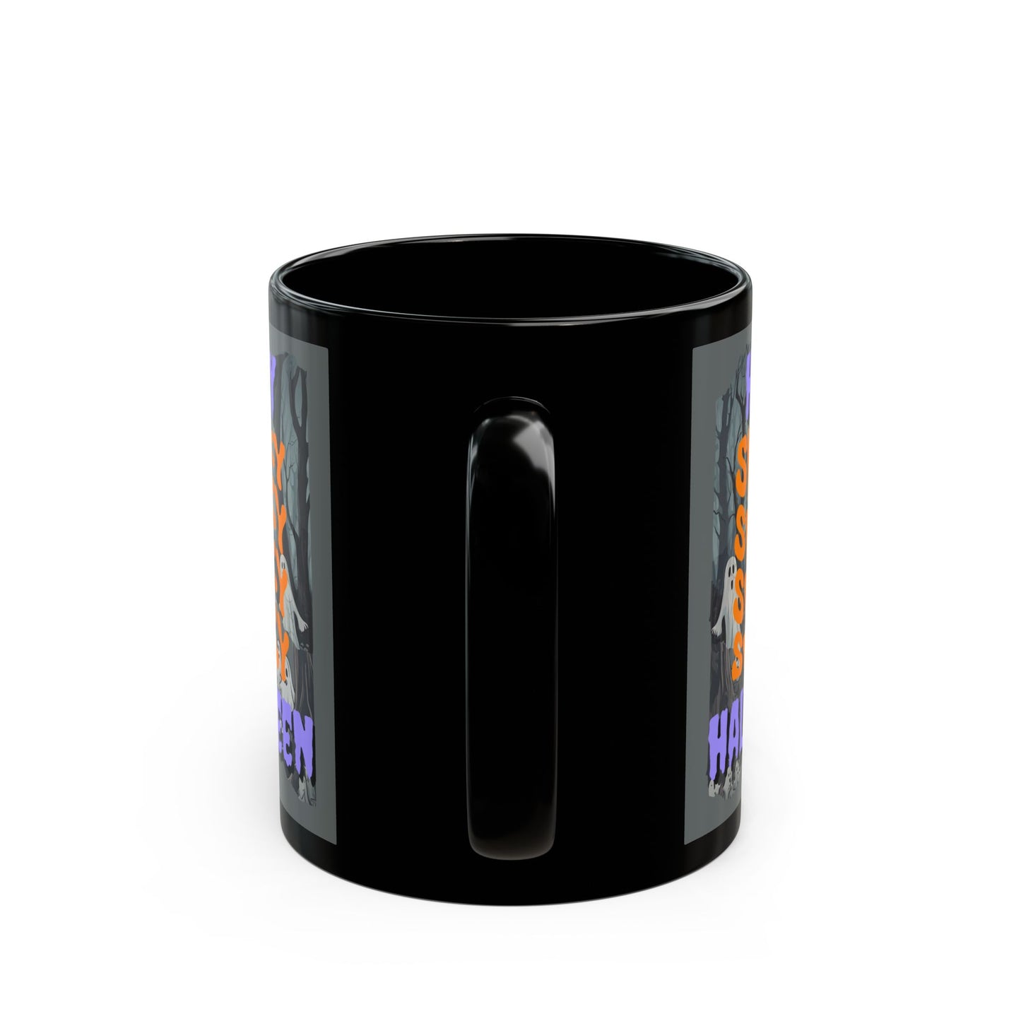 Spooky Happy Halloween Ghost Purple font Grey Mug by CreepyCrafts.boo