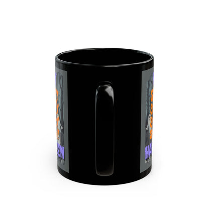 Spooky Happy Halloween Ghost Purple font Grey Mug by CreepyCrafts.boo