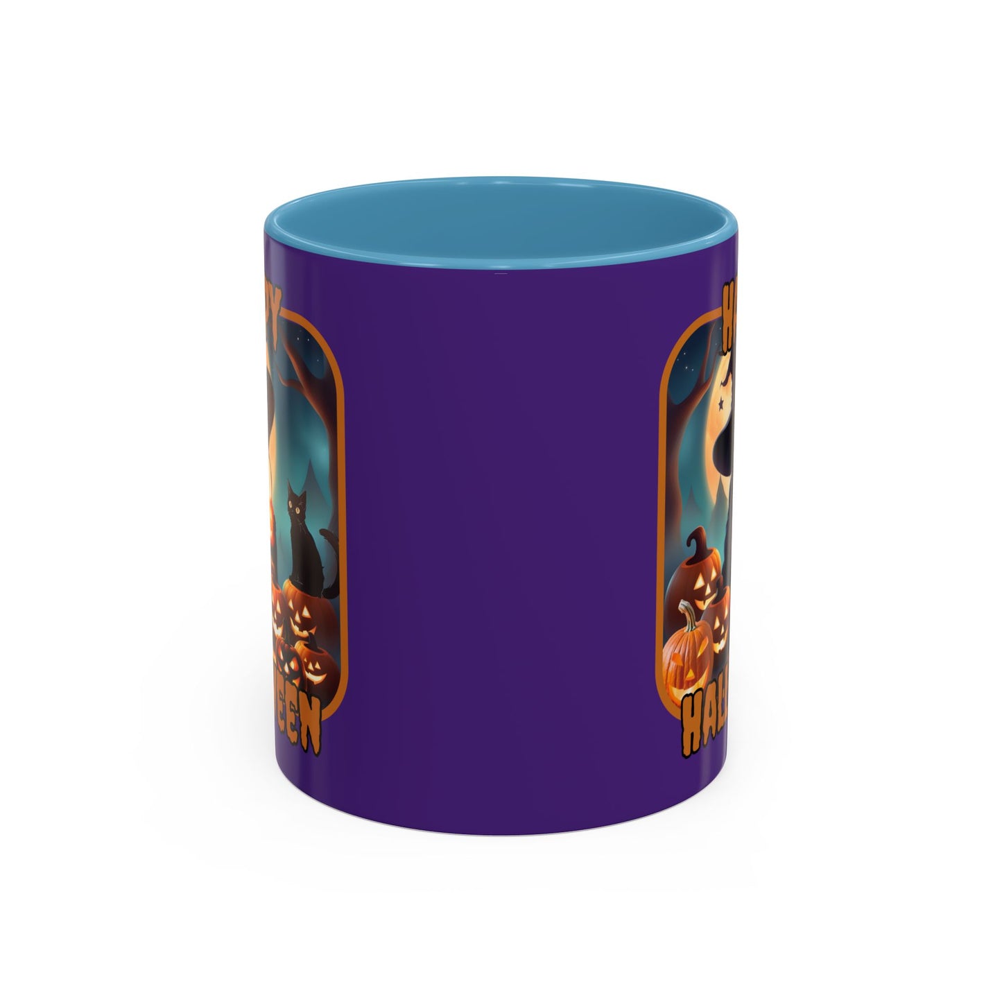 Happy Halloween Cute Witch Orange font Purple Accent Mug by CreepyCrafts.boo