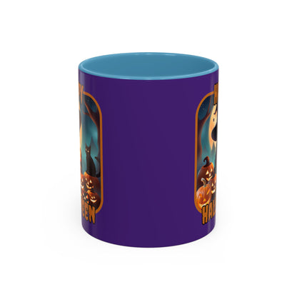 Happy Halloween Cute Witch Orange font Purple Accent Mug by CreepyCrafts.boo