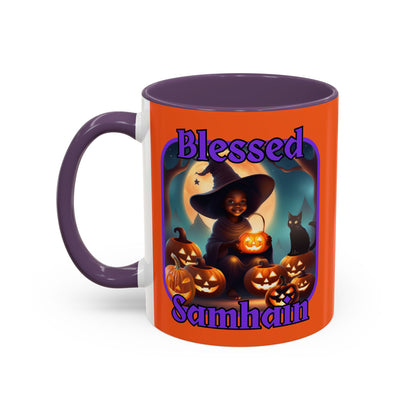 Blessed Samhain Cute Witch Purple font Orange Accent Mug by CreepyCrafts.boo