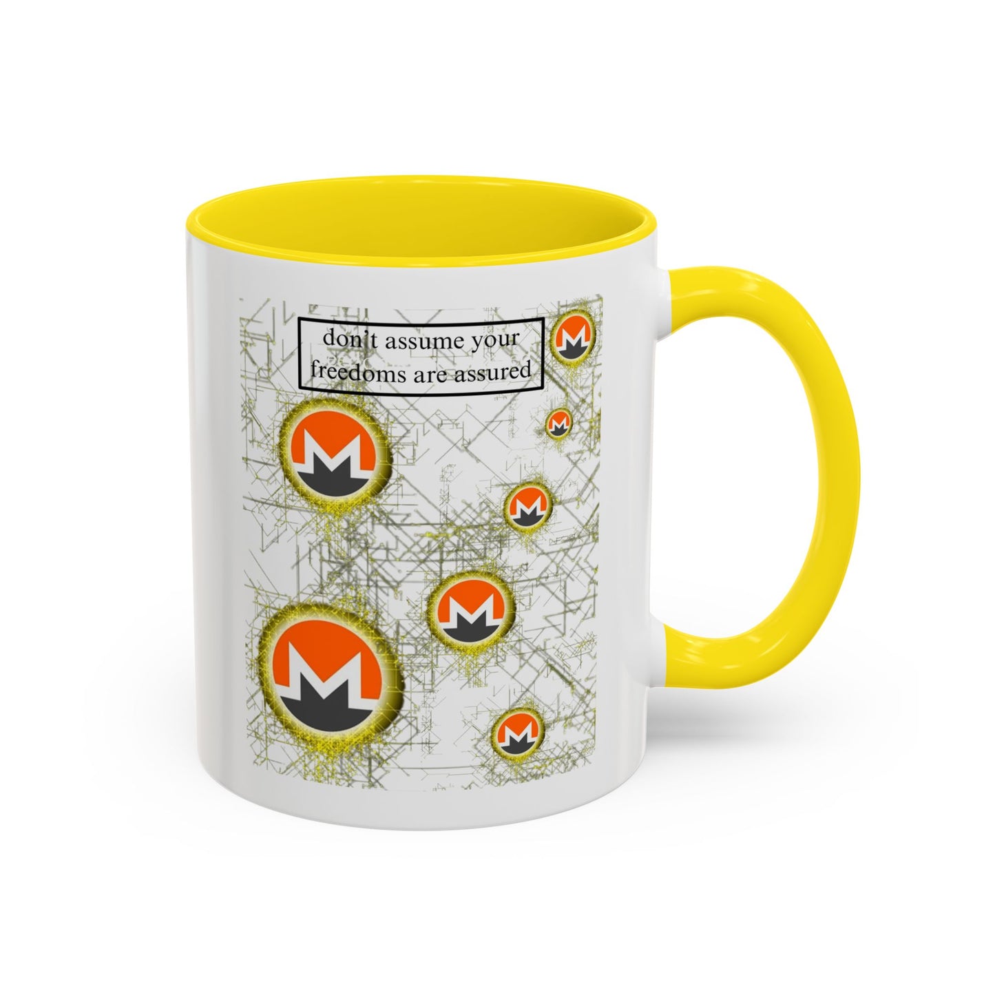 Monero (XMR) don't assume your freedoms are assured White Accent Mug by cypherpunkgear.com