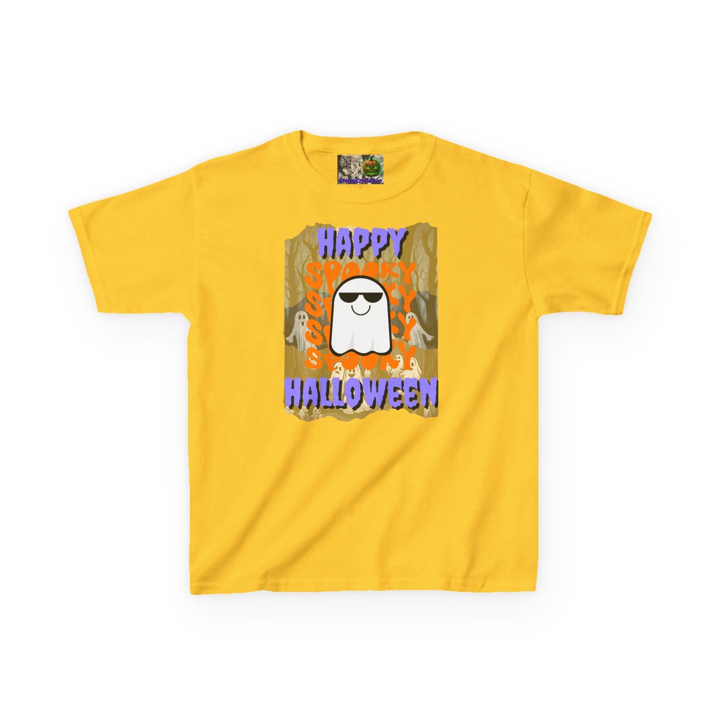 Spooky Happy Halloween Ghost Purple font Kids Heavy Cotton™ Tee by CreepyCrafts.boo