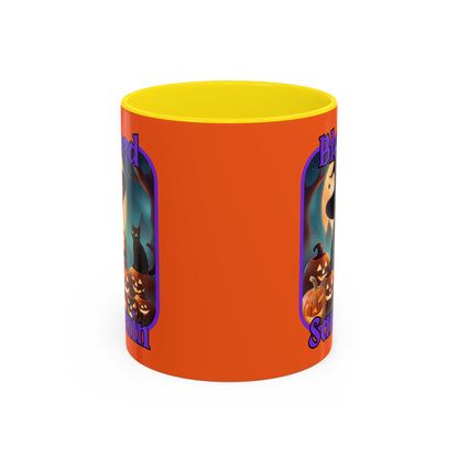 Blessed Samhain Cute Witch Purple font Orange Accent Mug by CreepyCrafts.boo