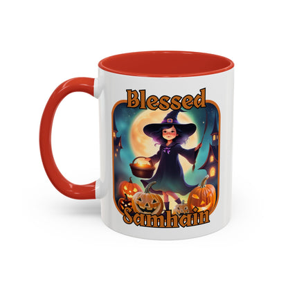 Blessed Samhain Little Witch Orange font White Accent Mug by CreepyCrafts.boo