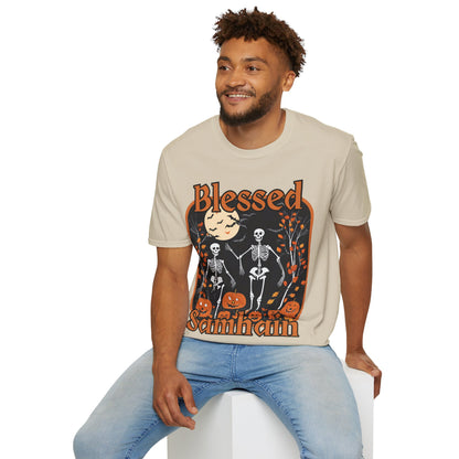 Spooktacular Skeletons of Samhain Light colors Unisex T-Shirt by CreepyCrafts.boo