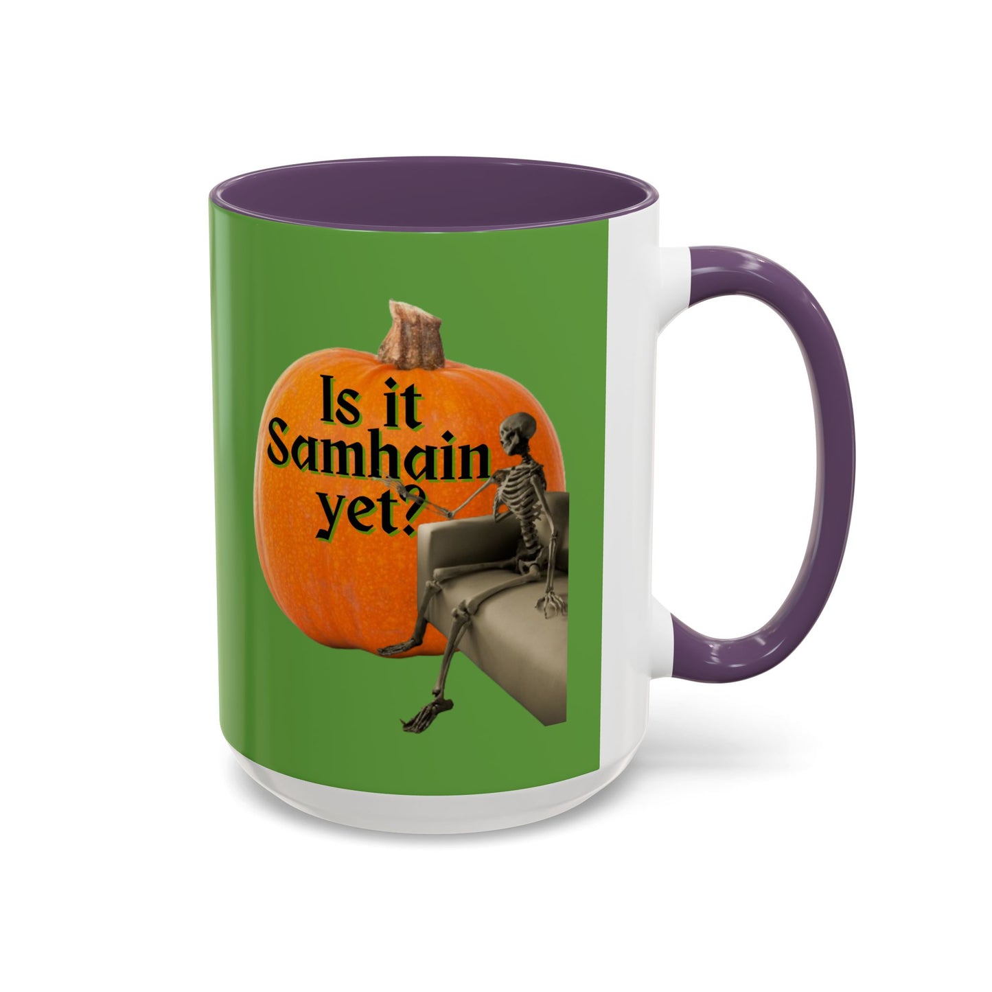 Is It Samhain Yet? Skeleton's Giant Pumpkin Green Accent Mug by CreepyCrafts.boo