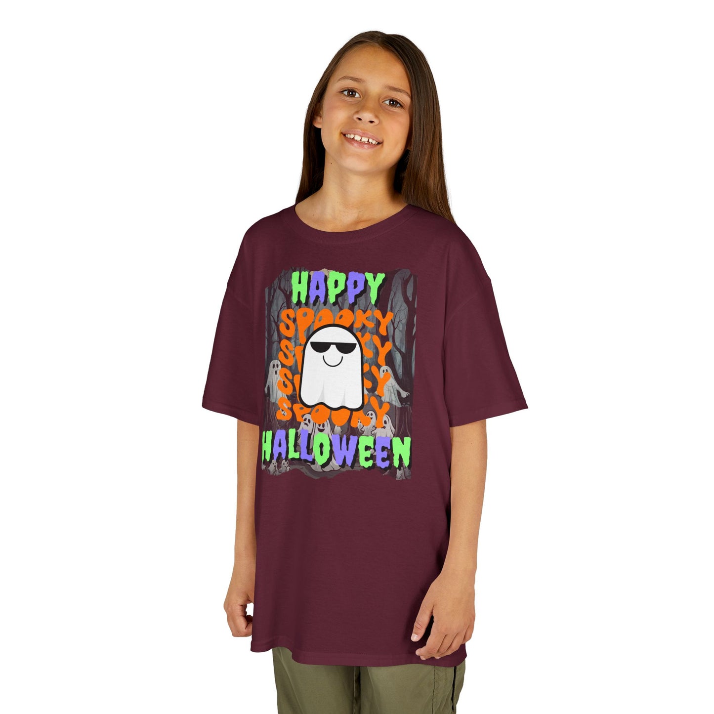 Spooky Happy Halloween Ghost Mixed font Kids Heavy Cotton™ Tee by CreepyCrafts.boo