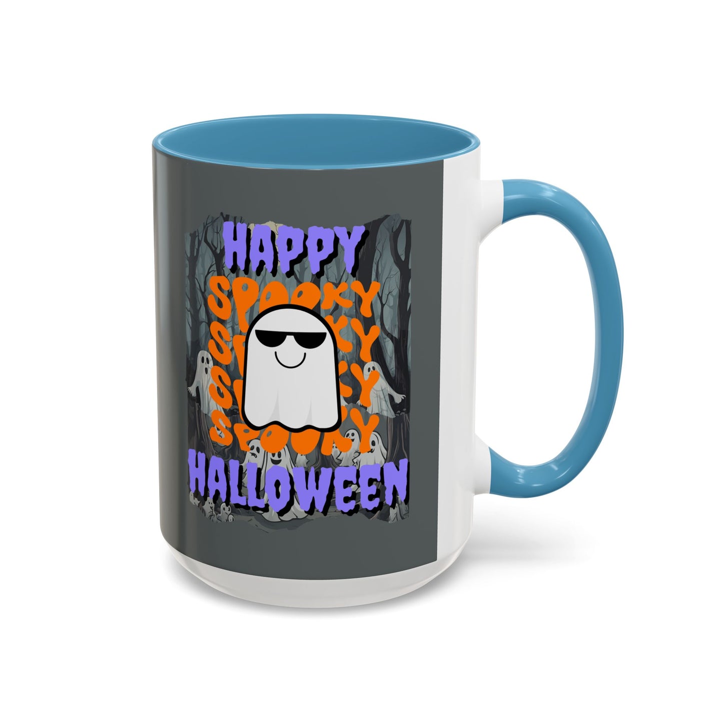 Spooky Happy Halloween Ghost Purple font Grey Accent Mug by CreepyCrafts.boo
