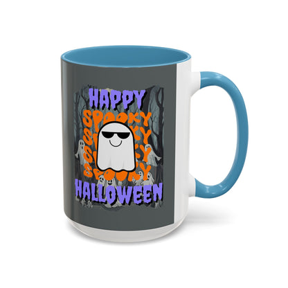 Spooky Happy Halloween Ghost Purple font Grey Accent Mug by CreepyCrafts.boo