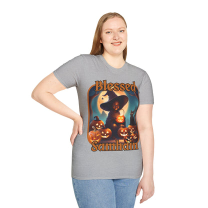 Blessed Samhain Cute Witch Orange font Light colors Unisex T-Shirt by CreepyCrafts.boo
