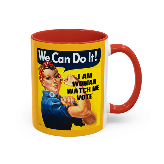 I Am Woman Watch Me Vote Rosie Yellow Accent Mug by cypherpunkgear.com