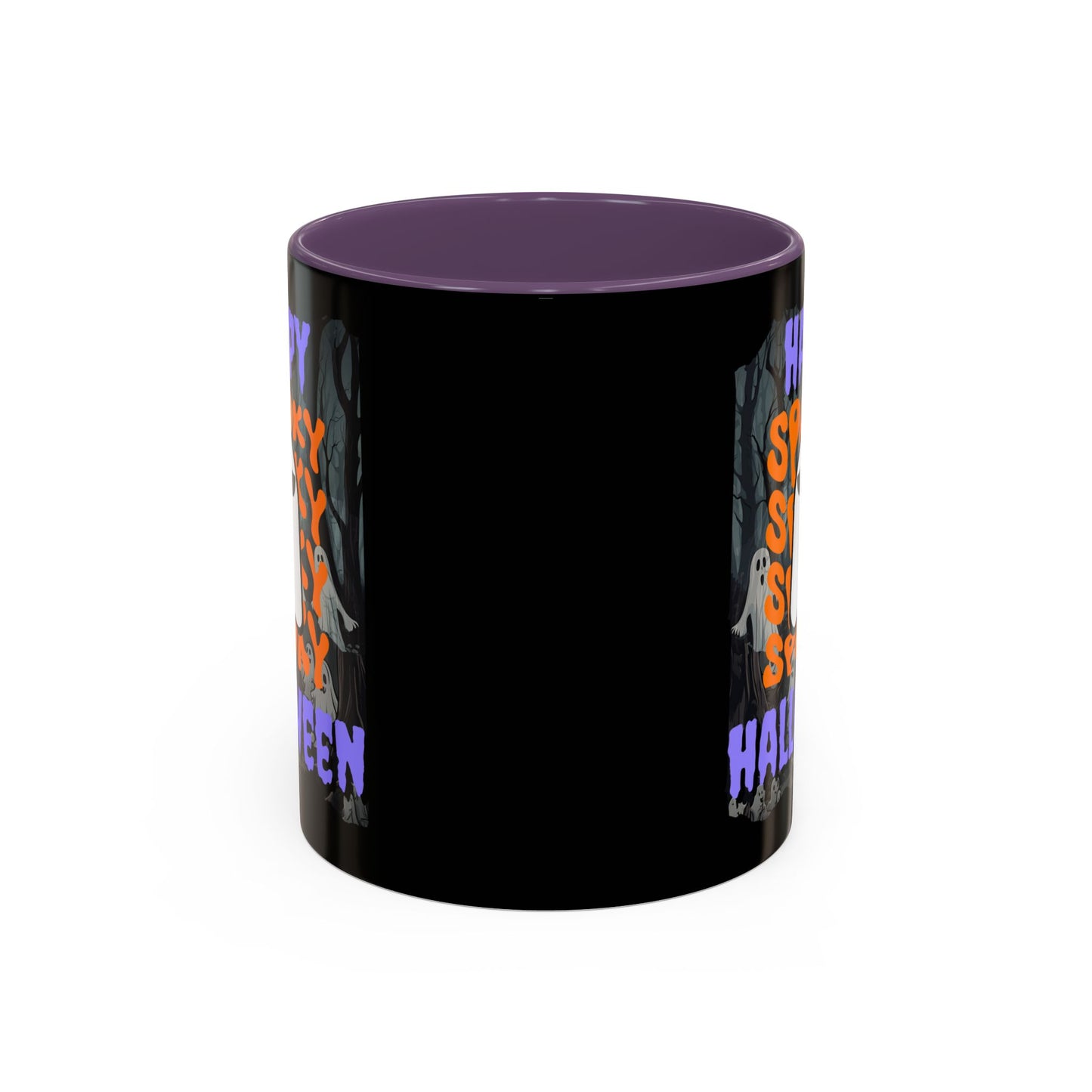 Spooky Happy Halloween Ghost Purple font Black Accent Mug by CreepyCrafts.boo