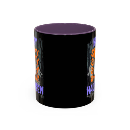 Spooky Happy Halloween Ghost Purple font Black Accent Mug by CreepyCrafts.boo