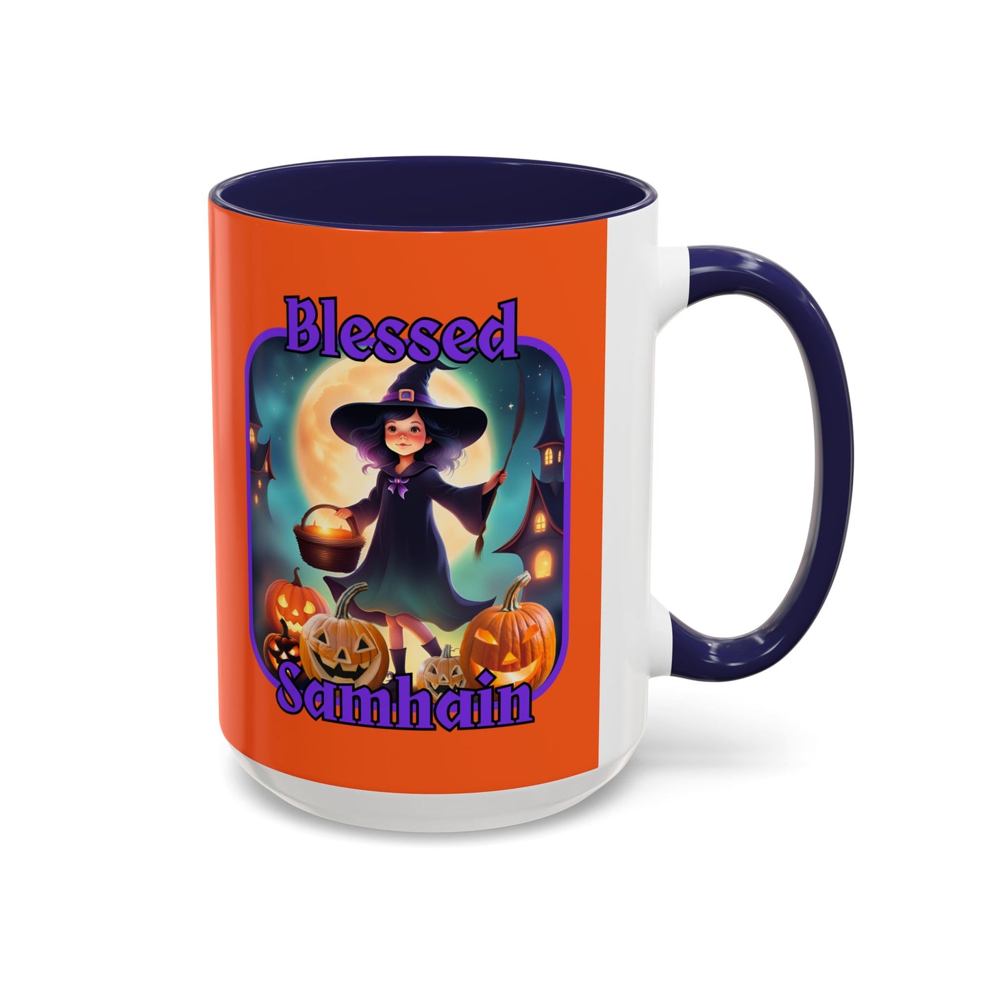 Blessed Samhain Little Witch Purple font Orange Accent Mug by CreepyCrafts.boo