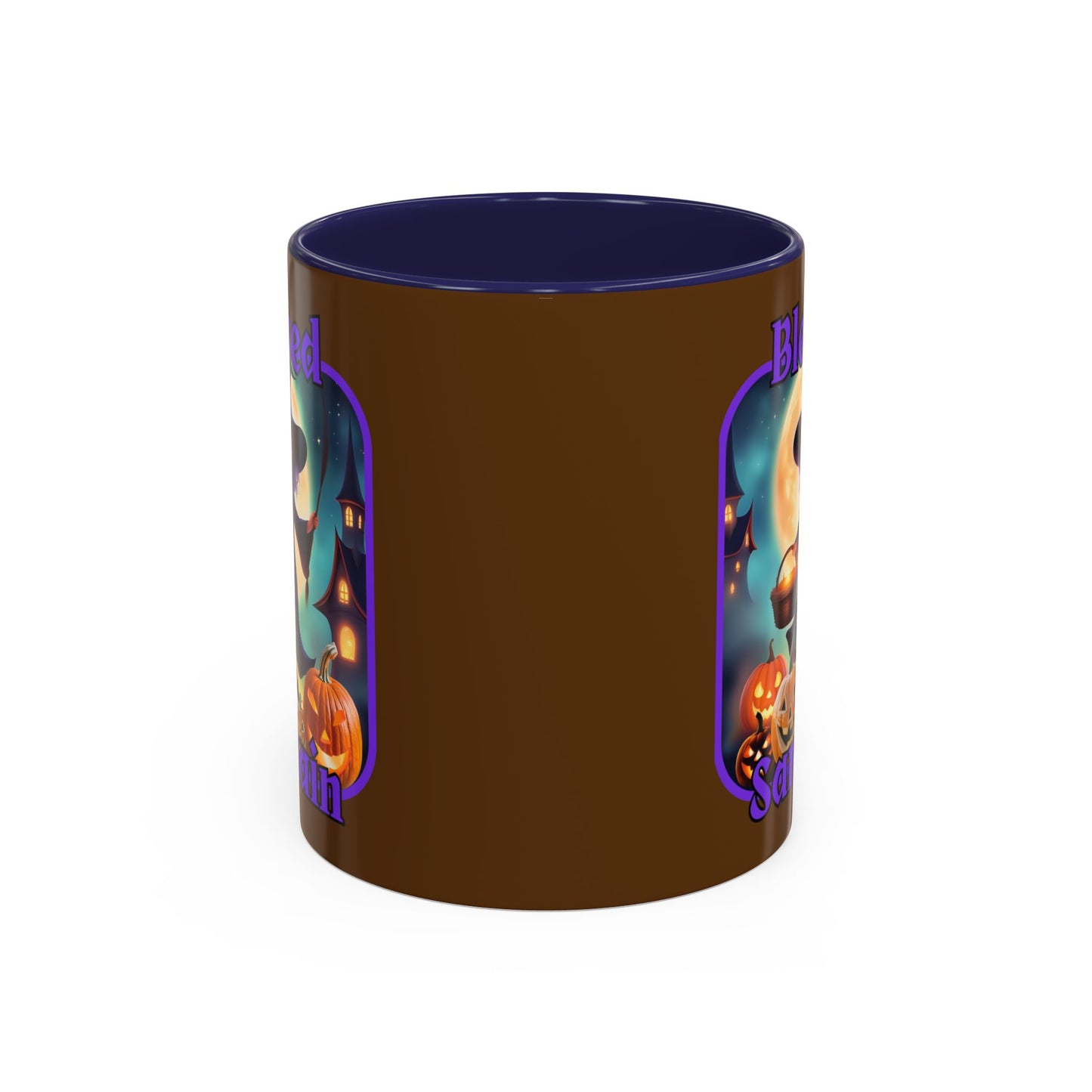 Blessed Samhain Little Witch Purple font Brown Accent Mug by CreepyCrafts.boo