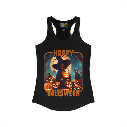 Happy Halloween Cute Witch Orange font Women's Racerback Tank Top by CreepyCrafts.boo
