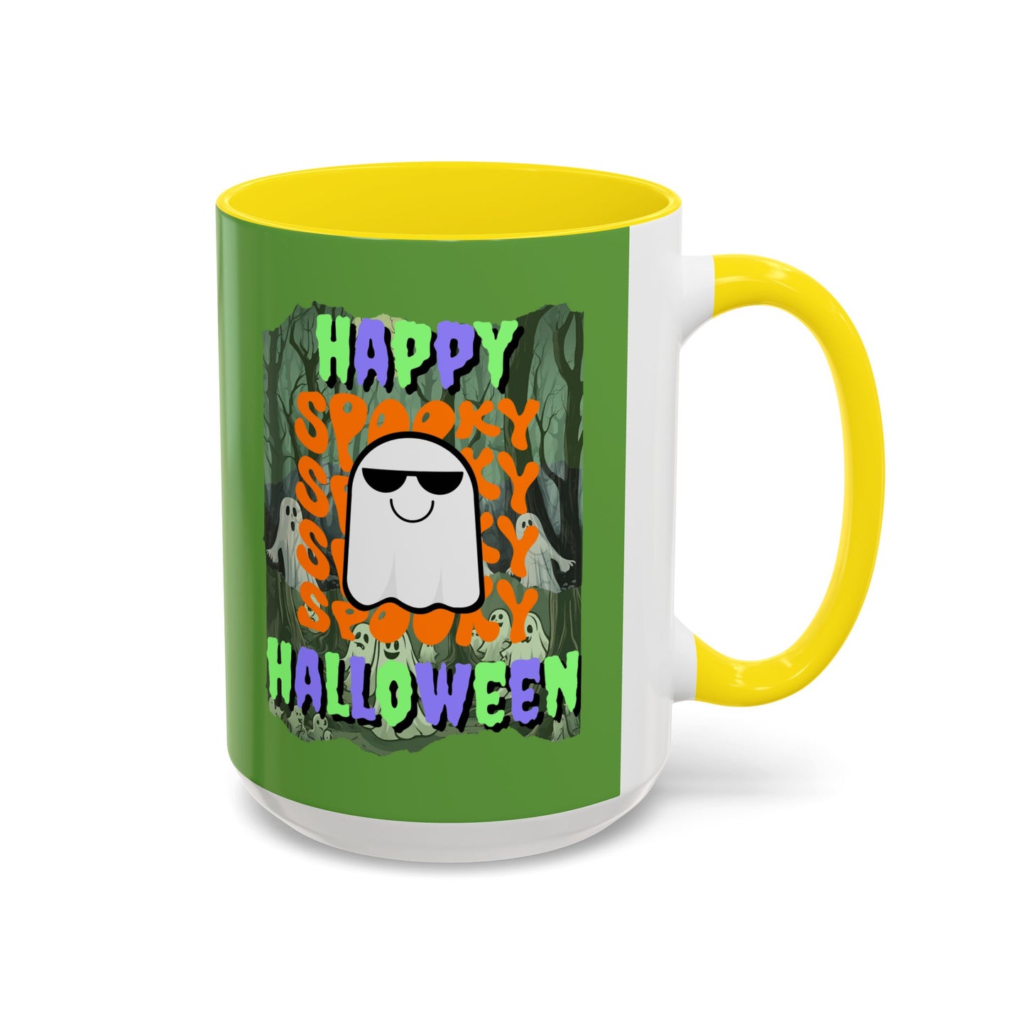 Spooky Happy Halloween Ghost Mixed font Green Accent Mug by CreepyCrafts.boo