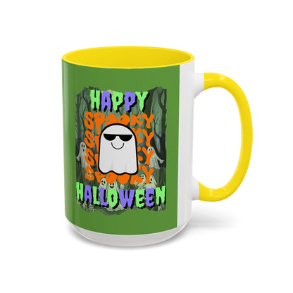 Spooky Happy Halloween Ghost Mixed font Green Accent Mug by CreepyCrafts.boo