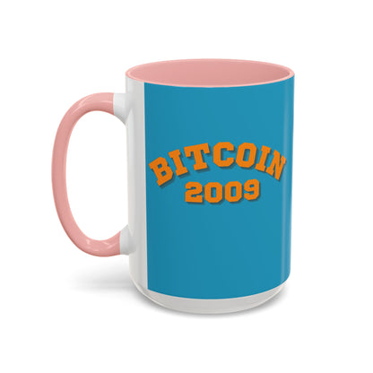 Bitcoin 2009 Turquoise Accent Mug by cypherpunkgear.com