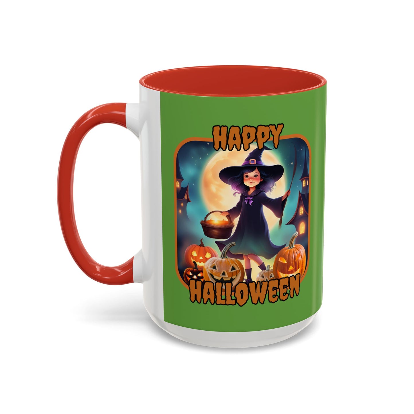 Happy Halloween Little Witch Orange font Green Accent Mug by CreepyCrafts.boo