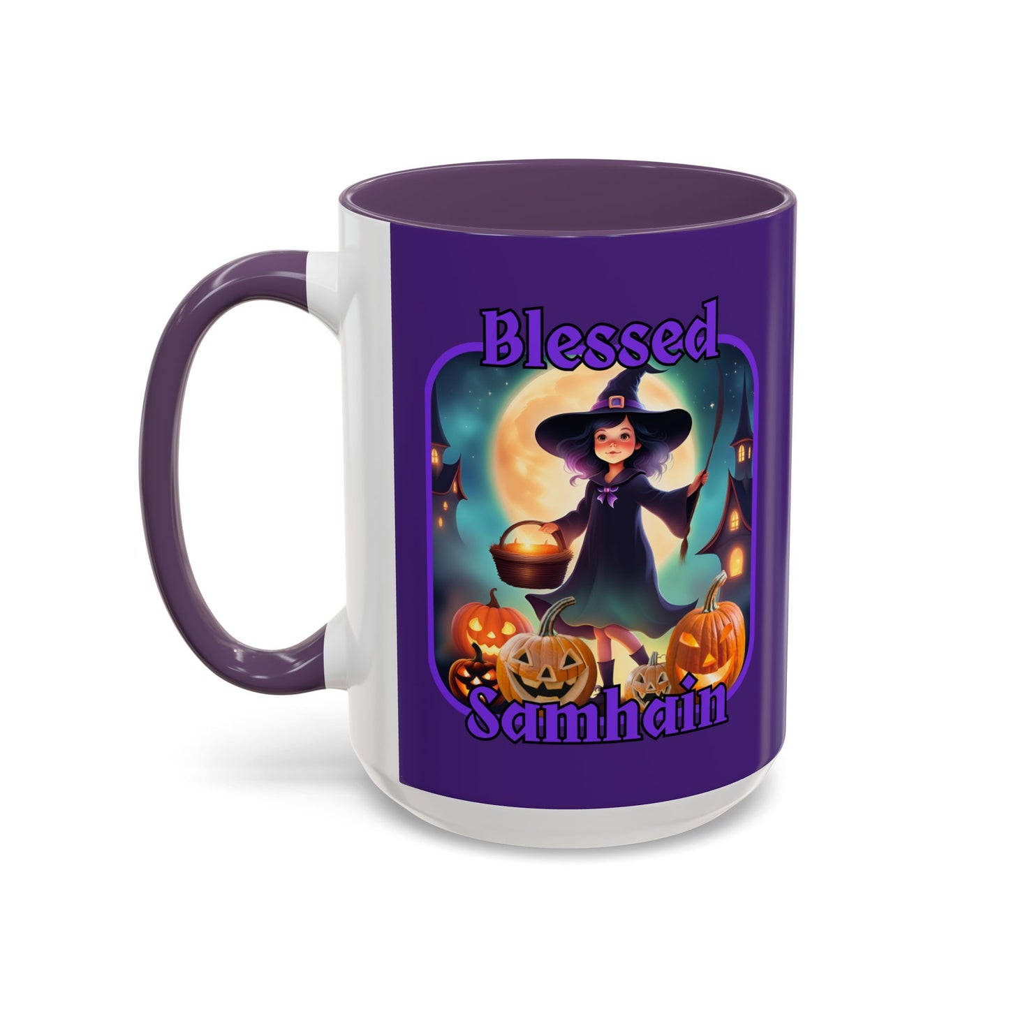 Blessed Samhain Little Witch Purple font Purple Accent Mug by CreepyCrafts.boo