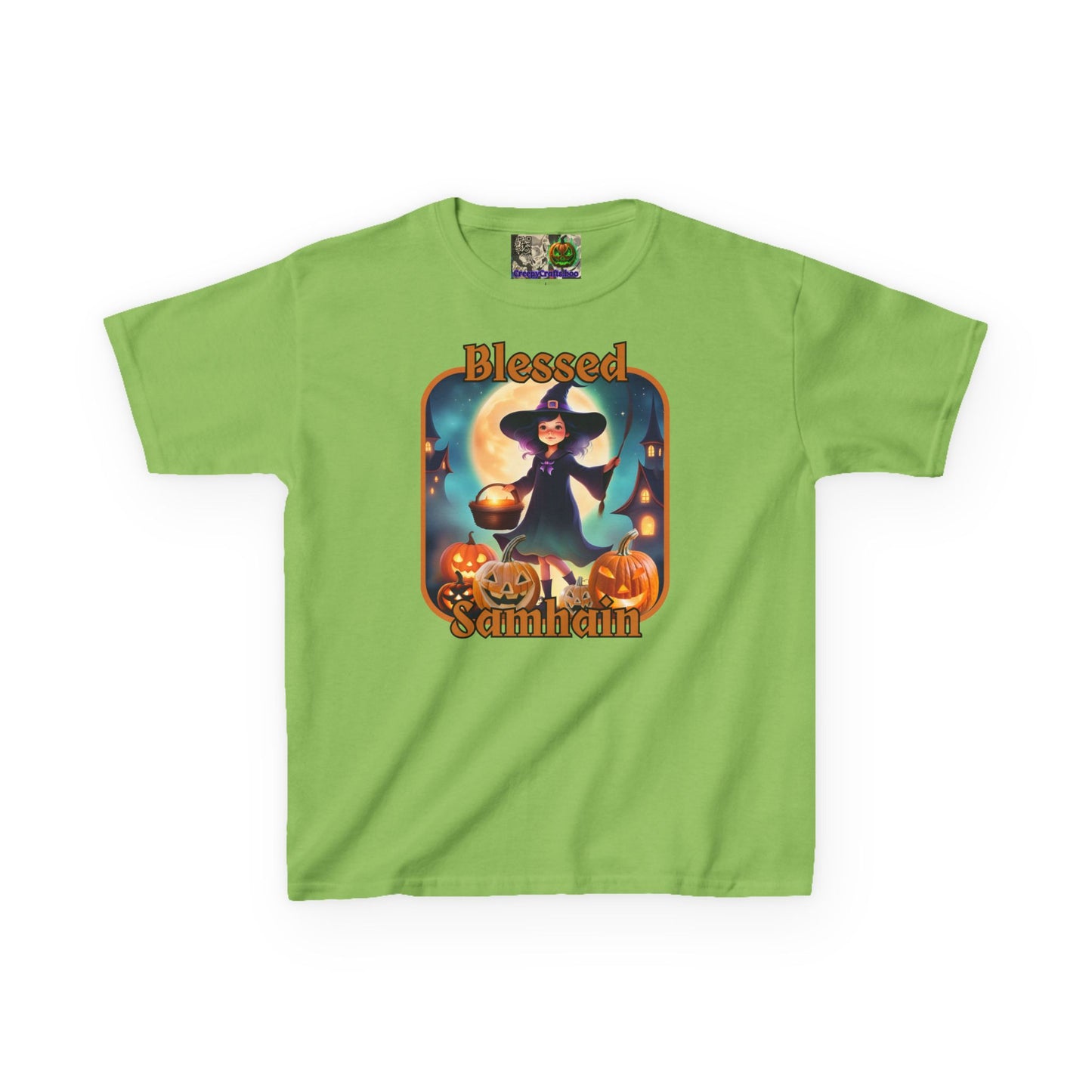 Blessed Samhain Little Witch Orange font Kids Heavy Cotton™ Tee by CreepyCrafts.boo