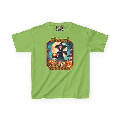 Blessed Samhain Little Witch Orange font Kids Heavy Cotton™ Tee by CreepyCrafts.boo